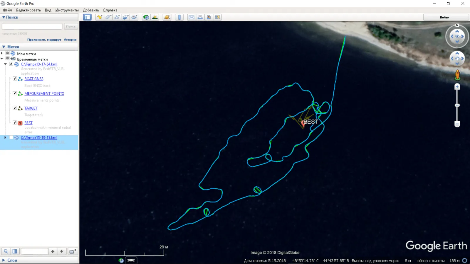 The resulting tracks imported into Google Earth