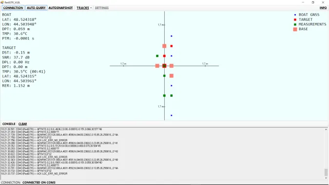 The host software screen with the boat trajectory and the computed positions